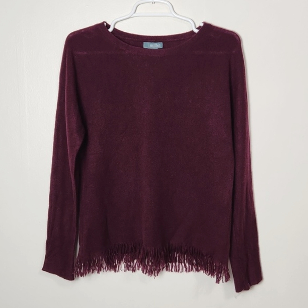 Griffen 100% Cashmere Crewneck Sweater Fringe Hem Burgundy Maroon Lightweight - Picture 2 of 13